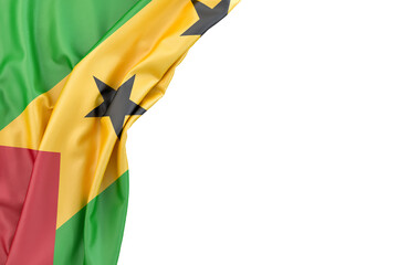 Flag of Sao Tome and Principe in the corner on white background. 3D rendering. Isolated