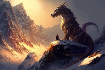 dragon with his master on the top of a snowy peak, concept art, ai art, illustration