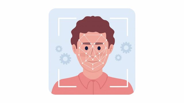 Animated biometric face detection. Machine learning. Computer vision. 2D cartoon flat character 4K video footage on white with alpha channel transparency. Concept animation for web design
