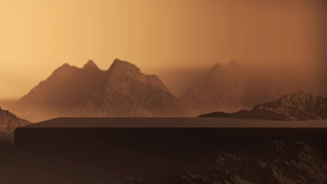 3D animation of a Martian landscape with a stone rectangular podium. 