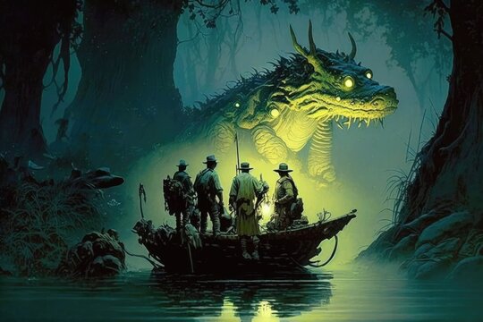 Dragon in a swamp with adventurer on a boat, illustration, ai art, concept art
