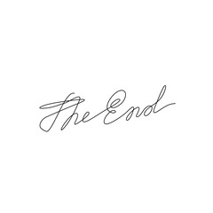 The End hand drawn lettering phrase, continuous line drawing, design element for poster, banner, card, print for clothes, emblem or logo design, one single line, isolated vector illustration.