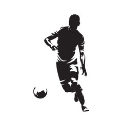 Football. Soccer player running with ball, isolated vector silhouette, ink drawing. Team sport athlete