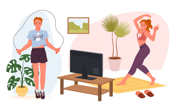 Sport exercises of active man and woman at home set vector illustration. Cartoon boy jumping with skipping rope and training, girl dancing on mat in front of TV, people practice healthy lifestyle