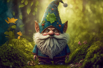 Gnome and fantasy creature in a dark forest, created with Generative AI	 - 579683118