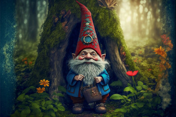 Gnome and fantasy creature in a dark forest, created with Generative AI	 - 579683125