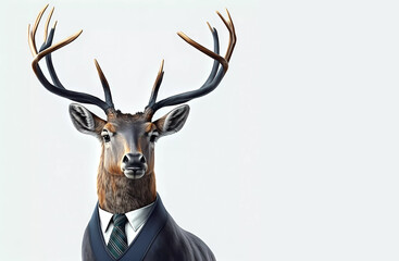 Deer with horns in a suit on a white isolated background.banner. generative AI