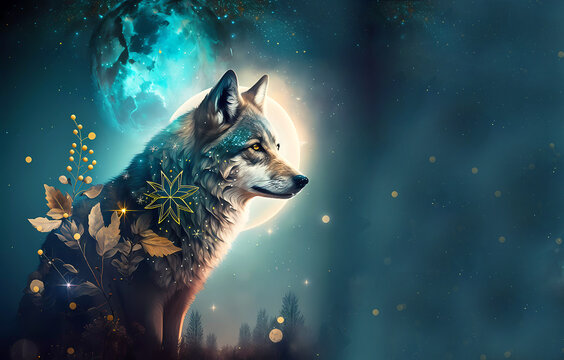 Wolf with flowers in the night sky, month. The wolf is sitting on the background of the moon. Crooked landscape for fairy tales. Copy space. generative A