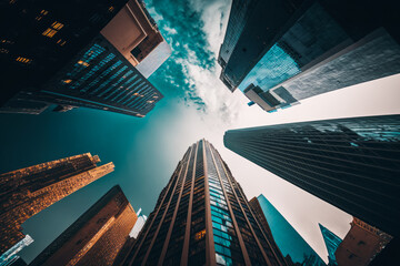 Fototapeta na wymiar Looking up at skyscrapers in city. Generative AI.