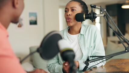 Radio interview, podcast or black woman speaker or man influencer with communication, live stream or broadcast conversation. Dj, journalist or social media host doing virtual interview in home studio