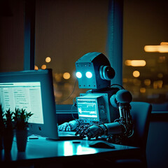 At night The robot is working in the office in front of the computer with lights on. AI