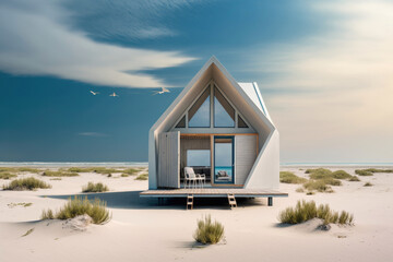 Obraz na płótnie Canvas Tiny modern beach house on a coastline. Generative AI