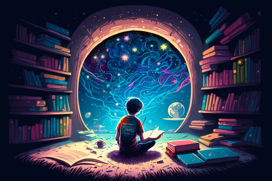 An image of boy sitting in front of bookshelf looking at the stars. Generative AI.