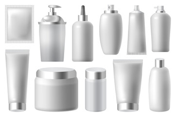 Realistic, 3D rendering, makeup, skin and body care containers mockup set. Cream, tubes, lotion,...