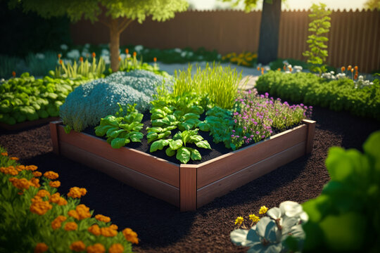 An image of raised garden bed with plants and flowers. Generative AI.