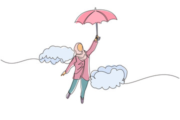 Single continuous line drawing happy wealthy Arabian businesswoman flying with her umbrella holding briefcase. Office worker achieve financial independence. One line graphic design vector illustration