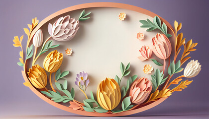 Oval frame with spring flowers decoration, 3d generative ai