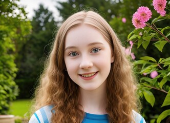 Smiling teenage girl in garden. Generative AI