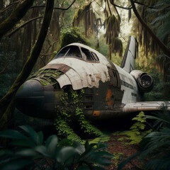 An old space shuttle sits in the middle of forest. Generative AI.
