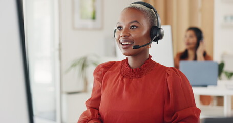 Contact us, call center and crm, black woman at computer in office, customer service agent with headset and smile. Help desk, telemarketing or sales consultant, happy advisory support and consulting. - obrazy, fototapety, plakaty
