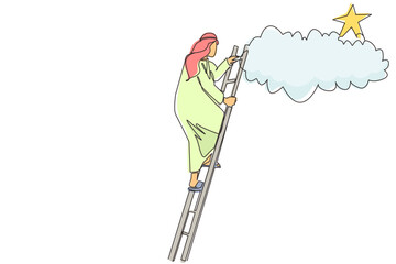 Continuous one line drawing Arab businessman climbing ladder to reach out for stars. Businessman climbing to goal. Motivation to be success, winner, finish, win. Single line draw design vector graphic