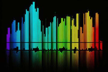 Rainbow colored sound wave on black background. Generative AI.