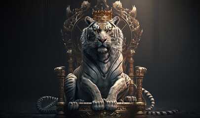 A majestic tiger is sitting on a throne with a crown on its head. AI