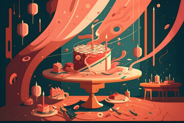 birthday party celebration with friends and cake. Neural network AI generated art