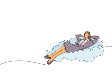 Single one line drawing relaxed and successful happy young businesswoman relaxing laying on clouds. Break, vacation, coffee time and relaxation. Continuous line draw design graphic vector illustration