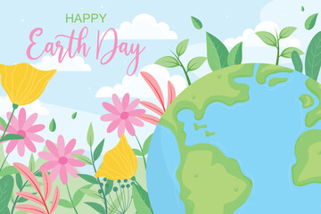 Happy Earth Day poster or banner with illustration of natural landscape