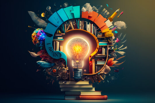 An image of light bulb surrounded by books and other objects. Generative AI.