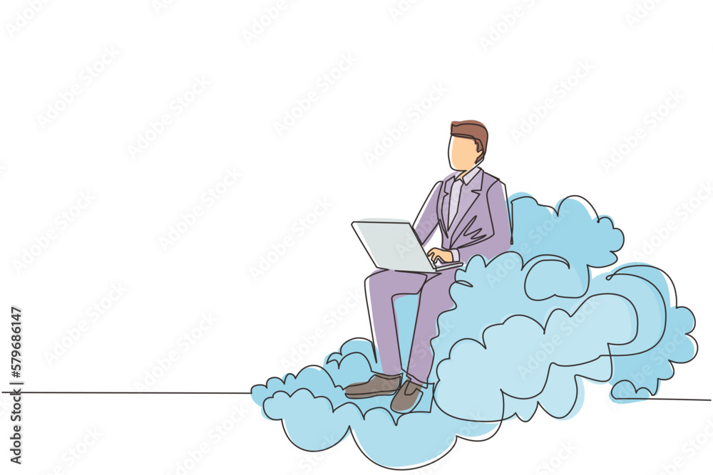 Poster single one line drawing businessman sitting on cloud in sky and working with laptop. wireless connec