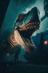 An image of t-rex with its mouth open. Generative AI.