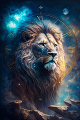 Lion in front of clock and stars. Generative AI.