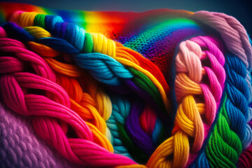 Close up of rainbow colored knitted blanket. Generative AI.