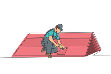 Single continuous line drawing roofer installing wooden or bitumen shingle. Roofer man fixing house roof with electric screwdriver. Repairman worker repair occupation. One line graphic design vector - obrazy, fototapety, plakaty
