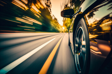The motion blur of car on the road. Generative AI.