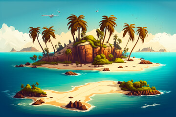 Obraz na płótnie Canvas Cartoon island with palm trees and rocks. Generative AI.