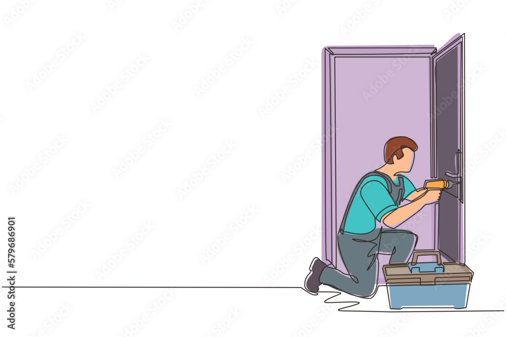 Wall mural single continuous line drawing door service. repairman in the uniform with special equipment repair 