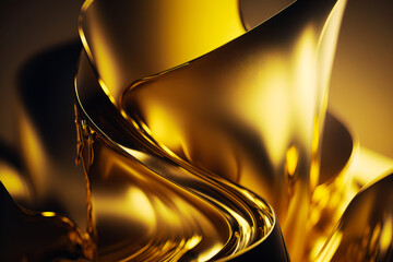 An abstract image of gold liquid flowing on black background. Generative AI.