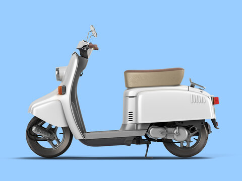 White retro vintage scooter personal transport for busines left view 3d render on blue background