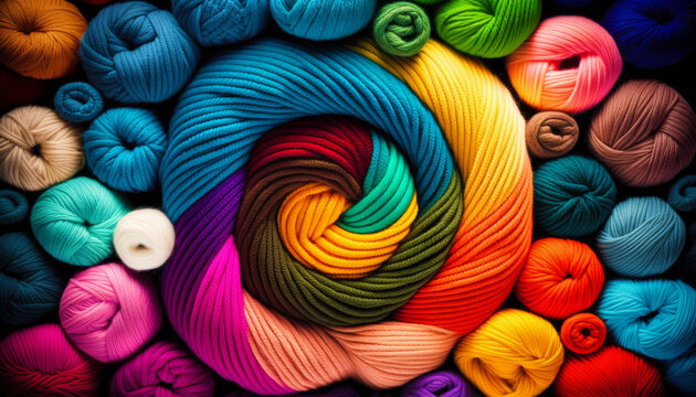 Many different colors of yarn are arranged in circle. Generative AI.