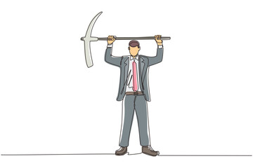 Single continuous line drawing businessman standing and lifting big pickaxe. Business concept. Depicts hard work, success, achievement, and discovery. One line draw graphic design vector illustration