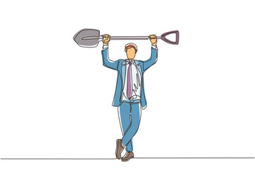 Continuous one line drawing businessman standing and lifting big shovel. Business concept. Depicts hard work, success, achievement, and discovery. Single line draw design vector graphic illustration