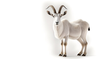 White goat with long horns standing on white background. Generative AI.