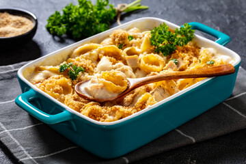 cheesy and creamy chicken and shells pasta bake