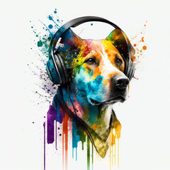 Dog wearing headphones with colorful paint splatters. Generative AI.