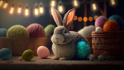 Easter bunny with Easter eggs and balls of wool generative ai