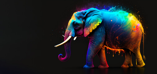 An elephant painted in bright colors on black background. Generative AI.