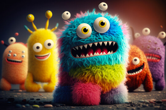Group of colorful monsters standing in front of each other. Generative AI.
